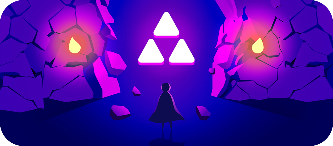 Illustration of a character standing before a mysterious entrance with a symbol in front of it.