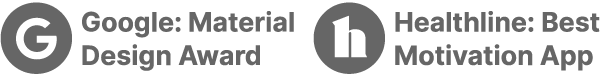 Ícones que indicam Google: Prêmio de Design Material e Healthline: Melhor aplicativo de motivação.