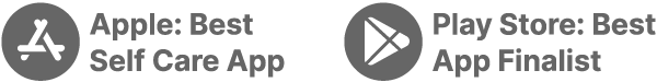 Ícones que indicam Apple: Melhor aplicativo de autocuidado e Play Store: Finalista de melhor aplicativo.